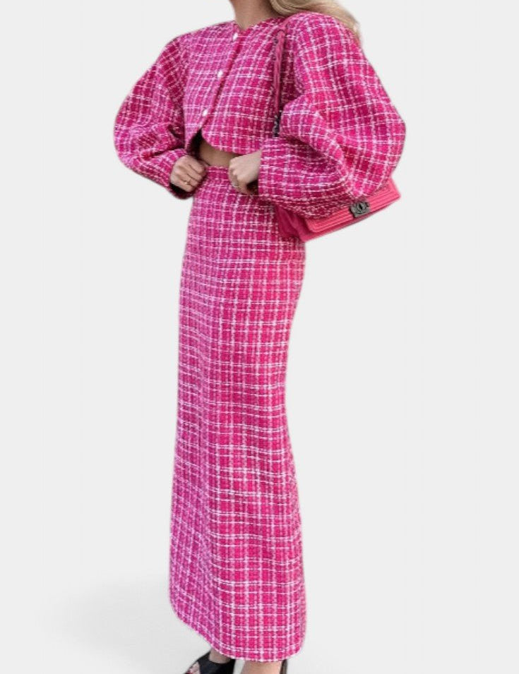 Ella, Pink Checked Jacket & Maxi Skirt Set