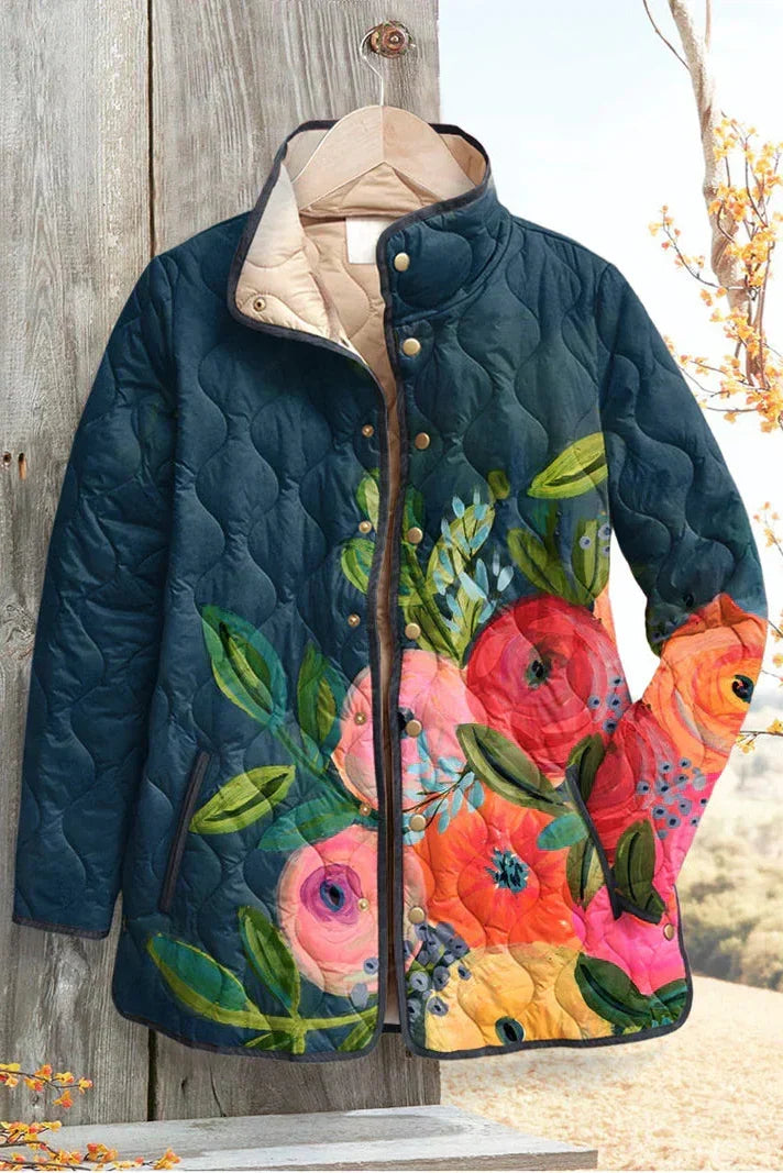 Flora Navy Quilted Jacket with Floral Motif - view 2