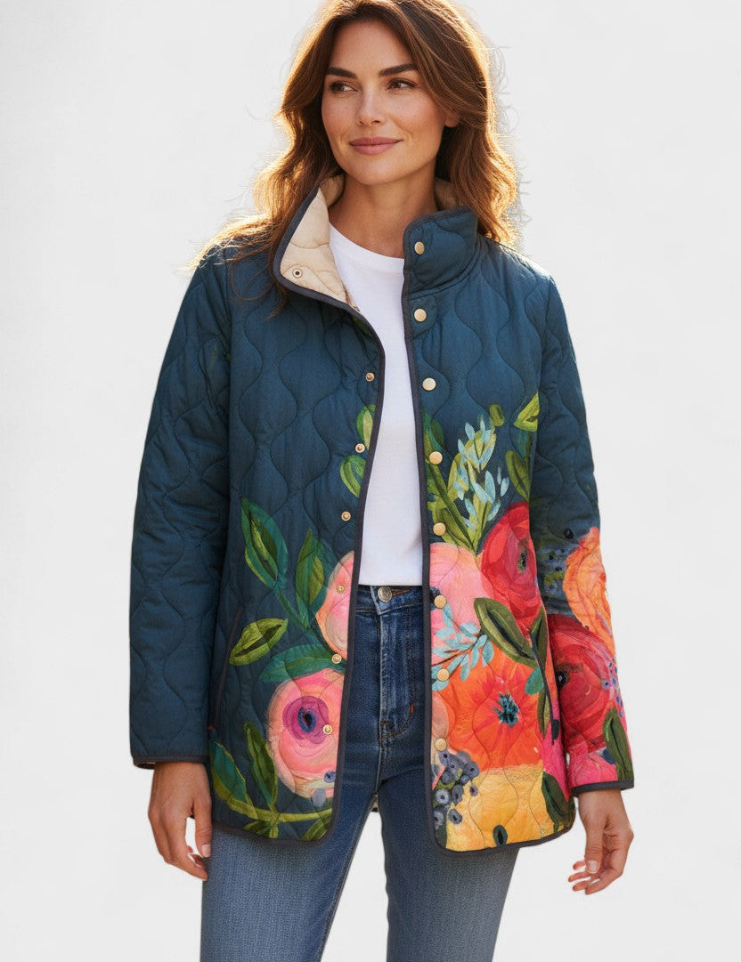 Flora Navy Quilted Jacket with Floral Motif