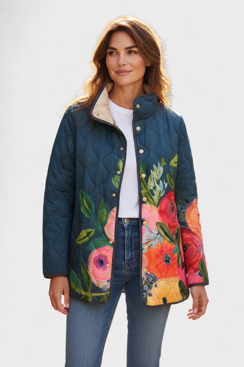 Flora Navy Quilted Jacket with Floral Motif