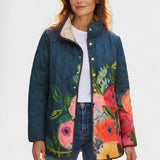 Flora Navy Quilted Jacket with Floral Motif