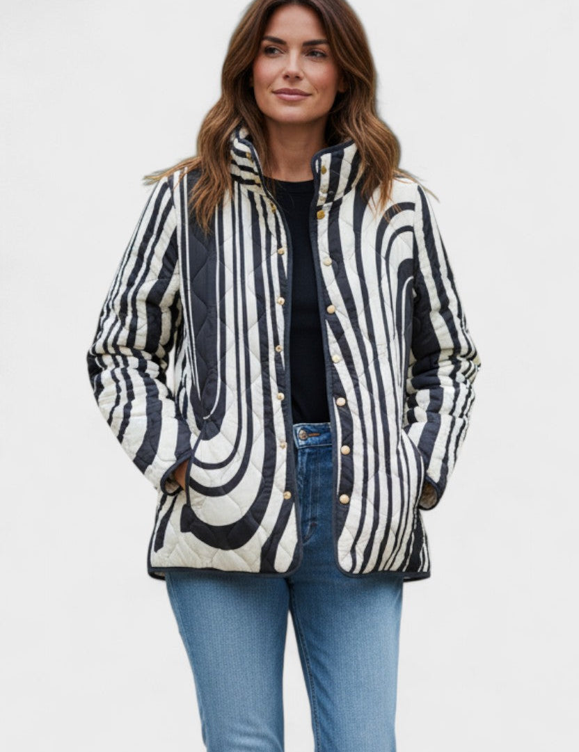 Freda Black and White Quilted Jacket with Graphic Print