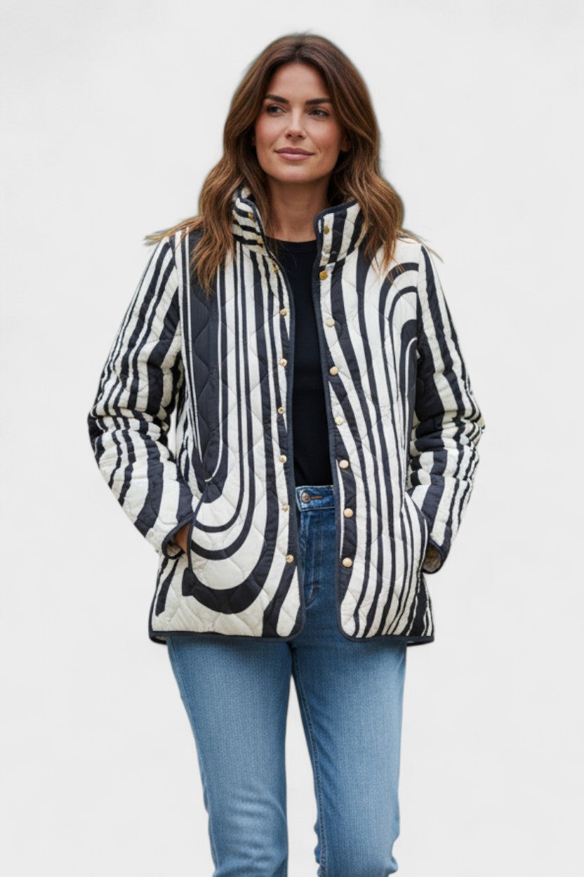 Freda Black and White Quilted Jacket with Graphic Print