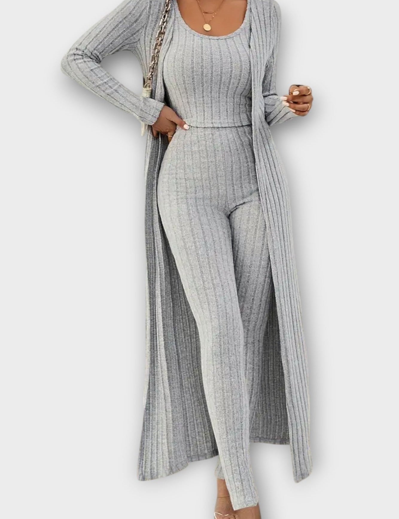 Freda, Ribbed Jumpsuit with Longline Cardigan