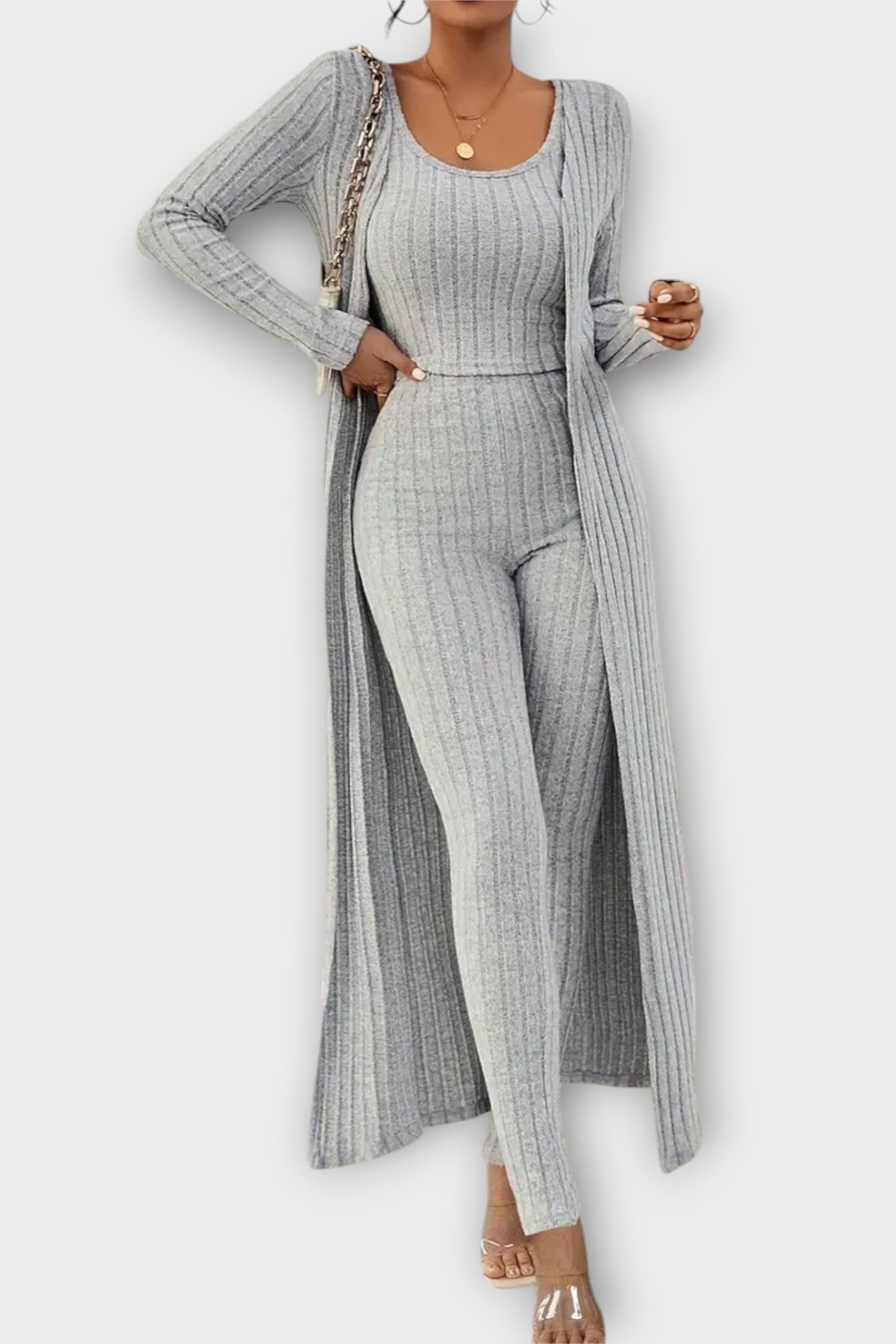 Freda, Ribbed Jumpsuit with Longline Cardigan