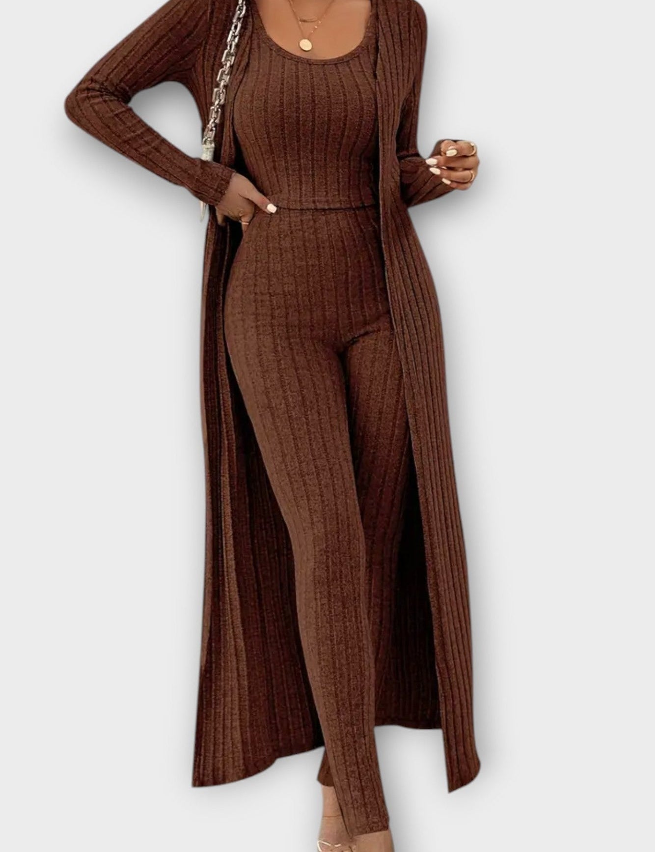 Freda, Ribbed Jumpsuit with Longline Cardigan