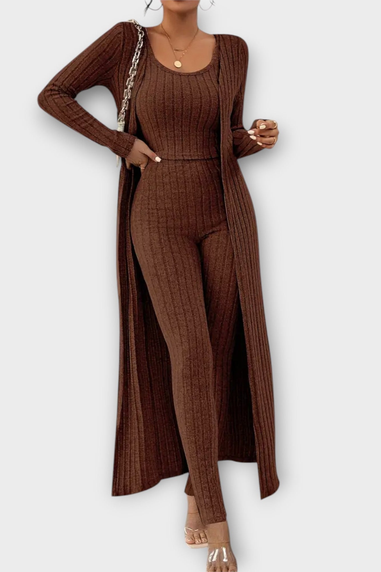Freda, Ribbed Jumpsuit with Longline Cardigan