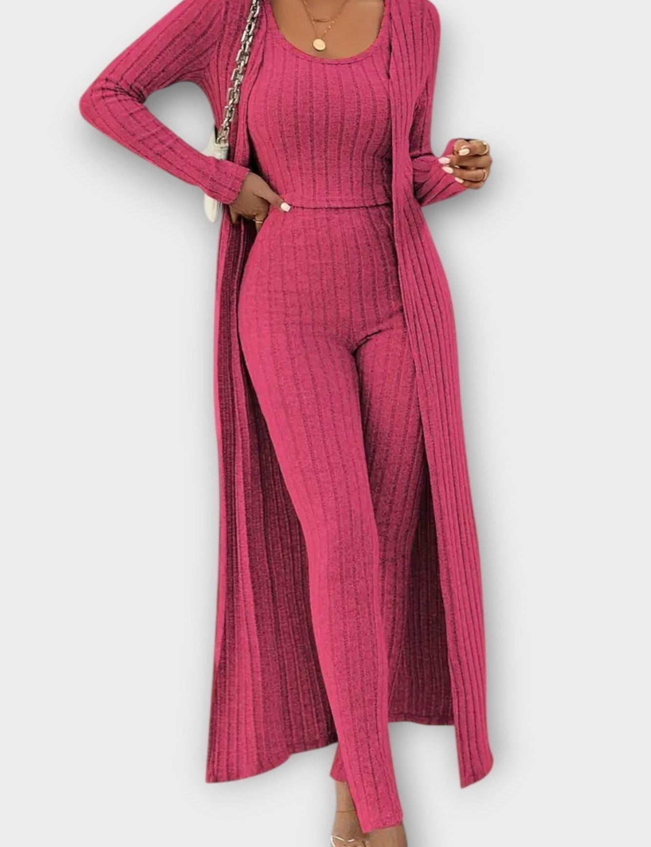 Freda, Ribbed Jumpsuit with Longline Cardigan