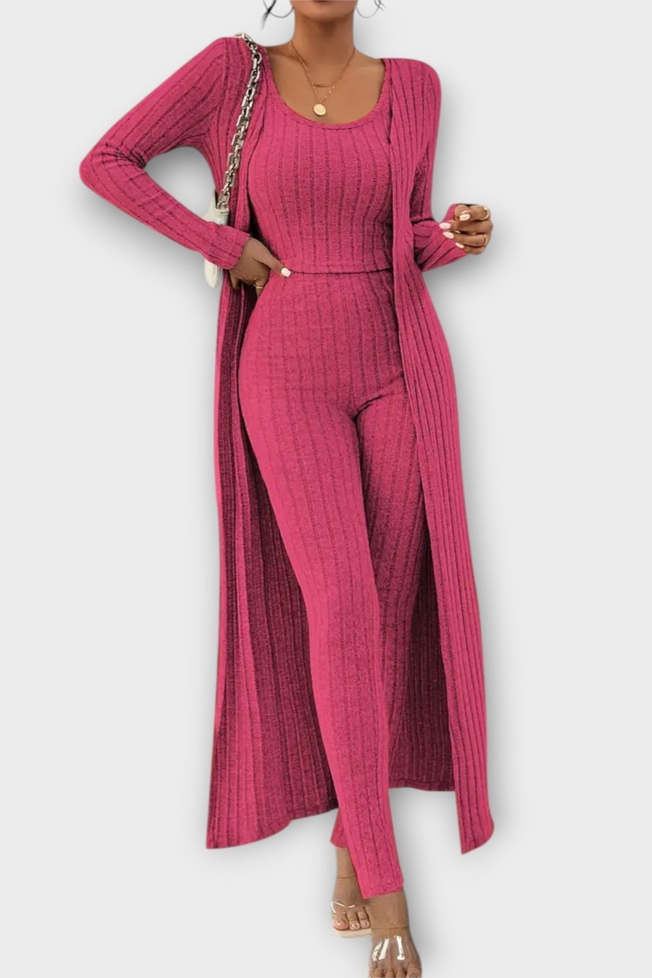 Freda, Ribbed Jumpsuit with Longline Cardigan