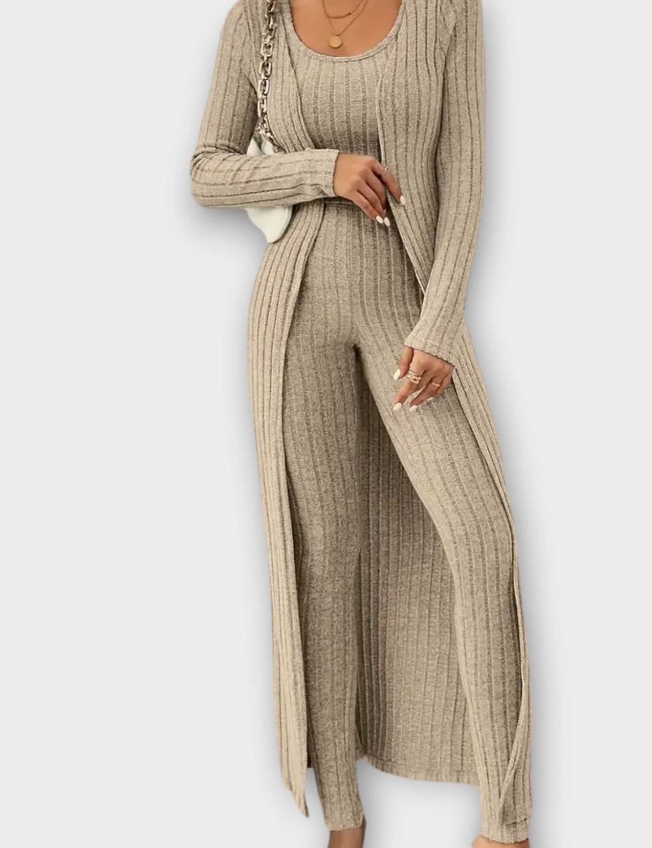 Freda, Ribbed Jumpsuit with Longline Cardigan
