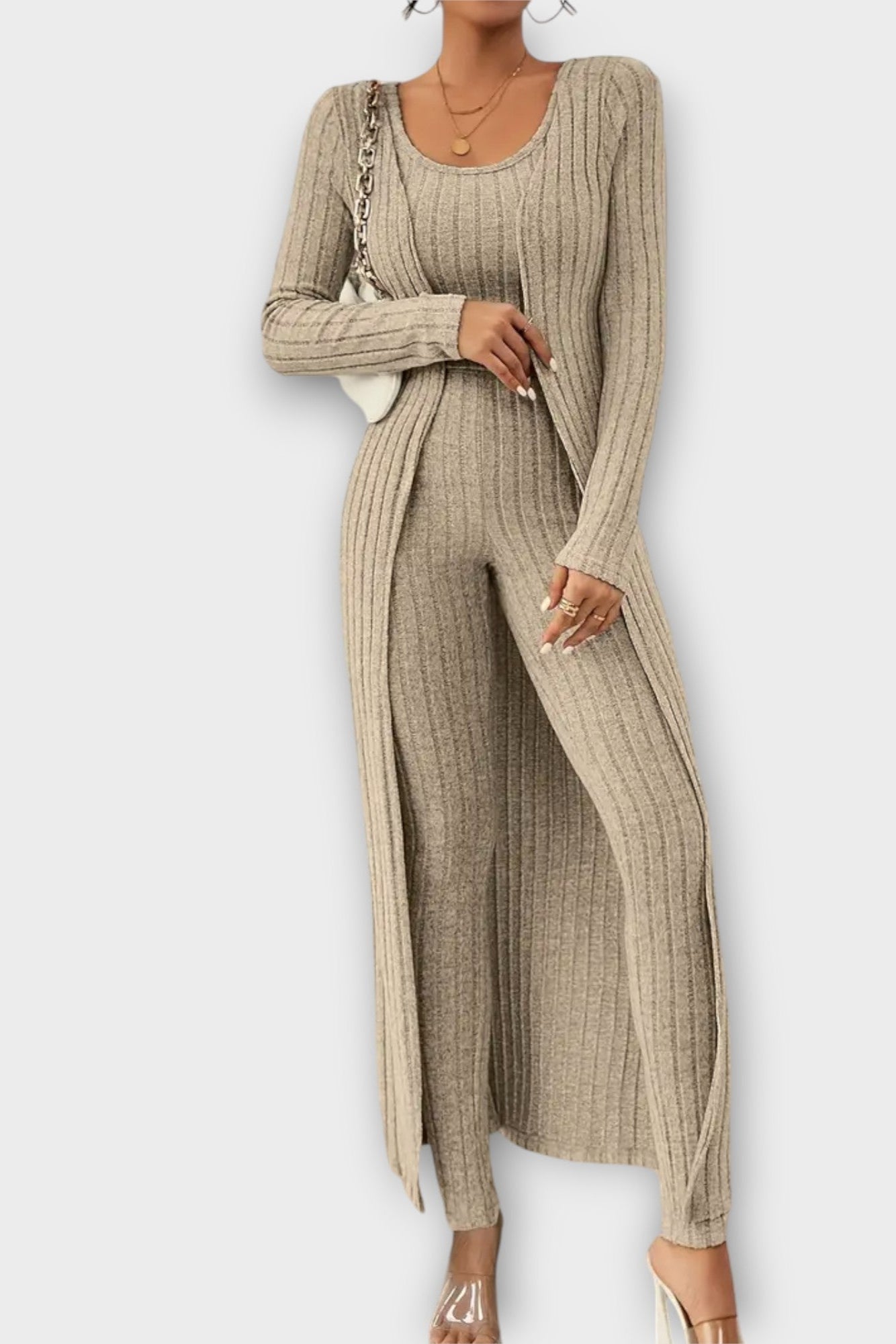 Freda, Ribbed Jumpsuit with Longline Cardigan