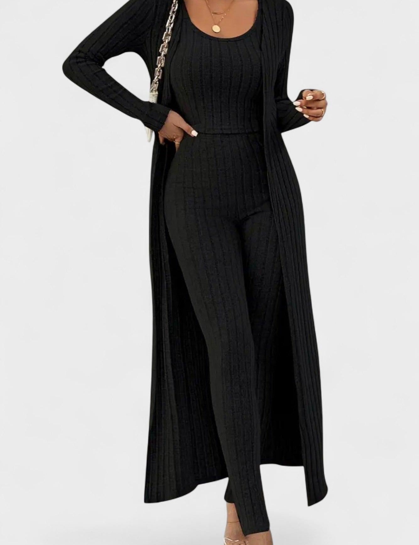 Freda, Ribbed Jumpsuit with Longline Cardigan