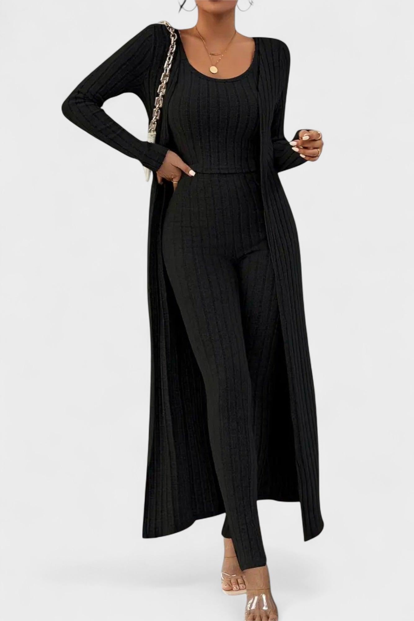 Freda, Ribbed Jumpsuit with Longline Cardigan