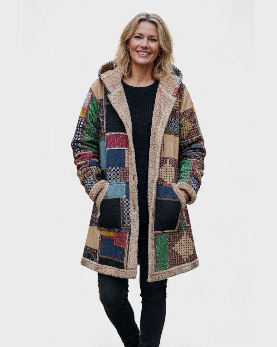 Autumn Cosy Patchwork Hoodie in Earth Tones - view 2