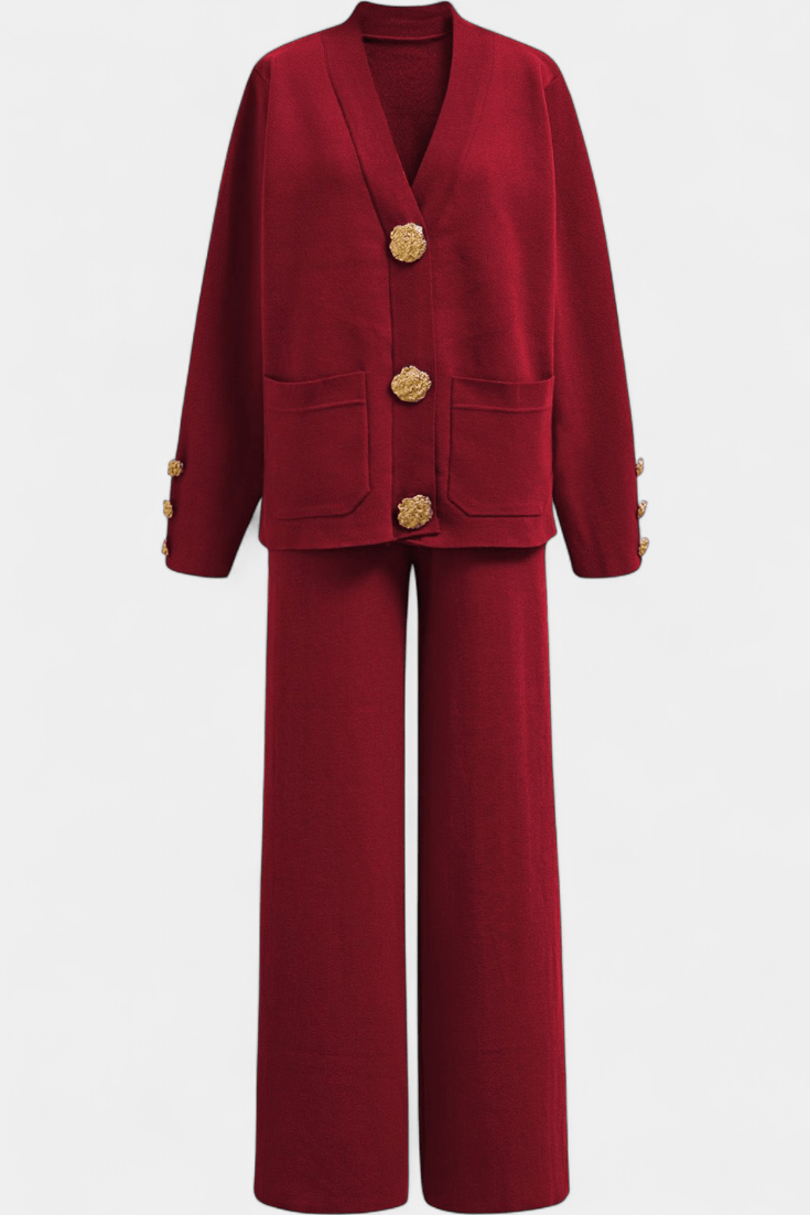 Karen, Buttoned Cardigan & Wide-Leg Trousers Set