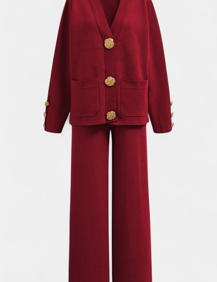 Karen, Buttoned Cardigan & Wide-Leg Trousers Set