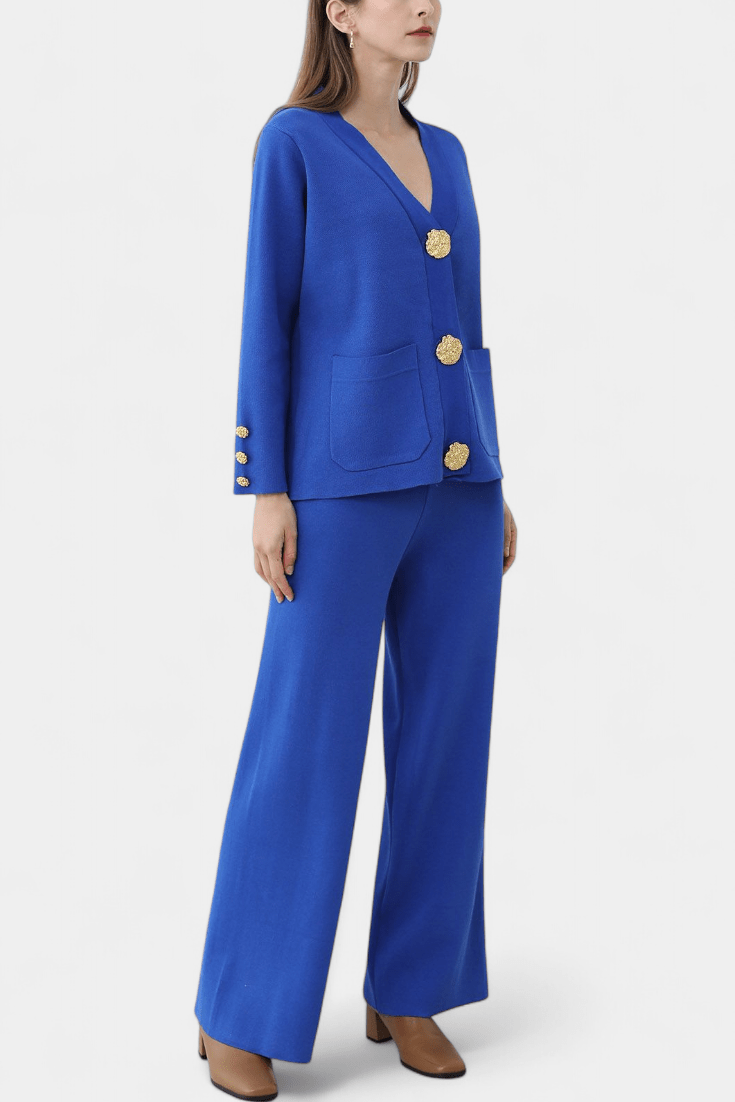Karen, Buttoned Cardigan & Wide-Leg Trousers Set
