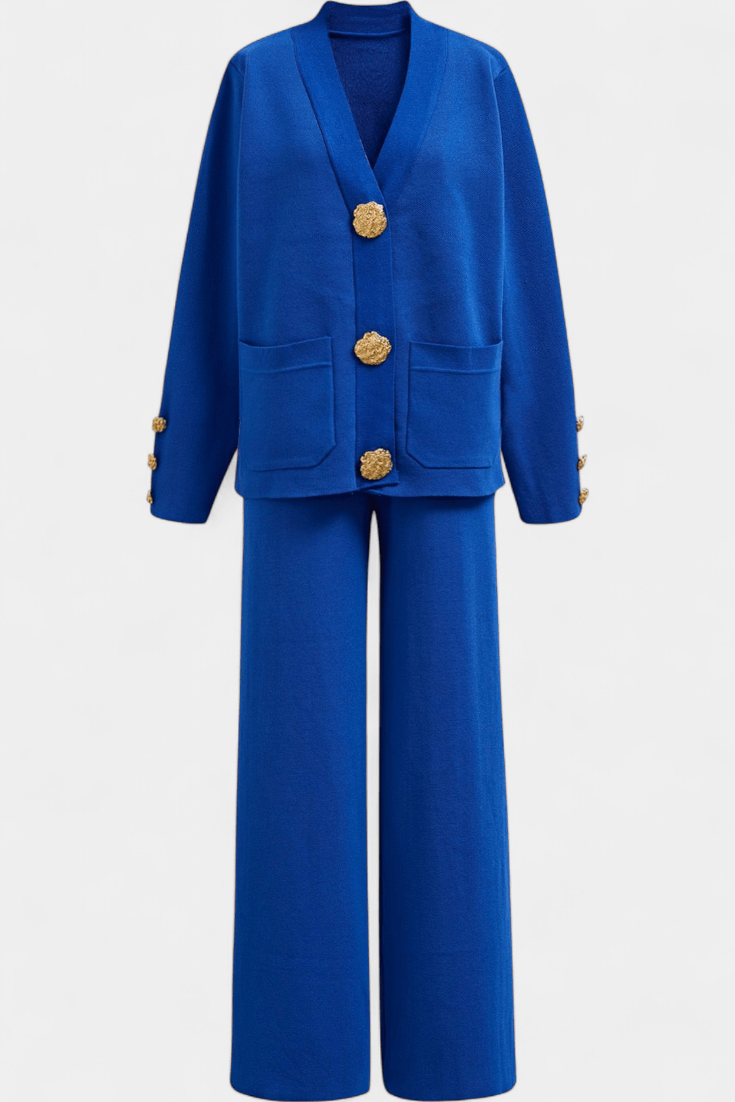 Karen, Buttoned Cardigan & Wide-Leg Trousers Set