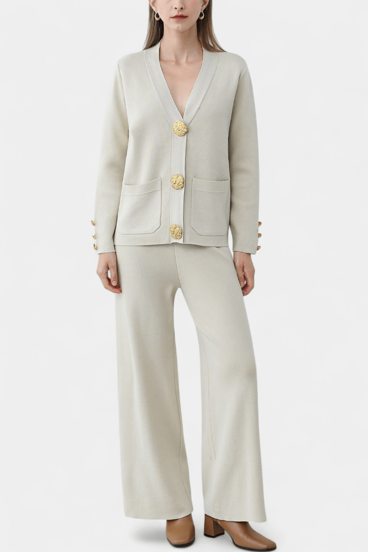 Karen, Buttoned Cardigan & Wide-Leg Trousers Set