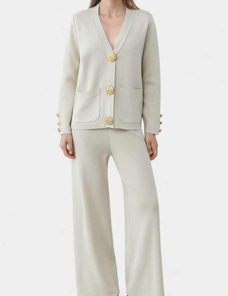 Karen, Buttoned Cardigan & Wide-Leg Trousers Set