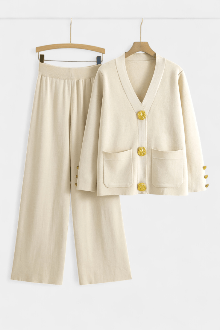 Karen, Buttoned Cardigan & Wide-Leg Trousers Set