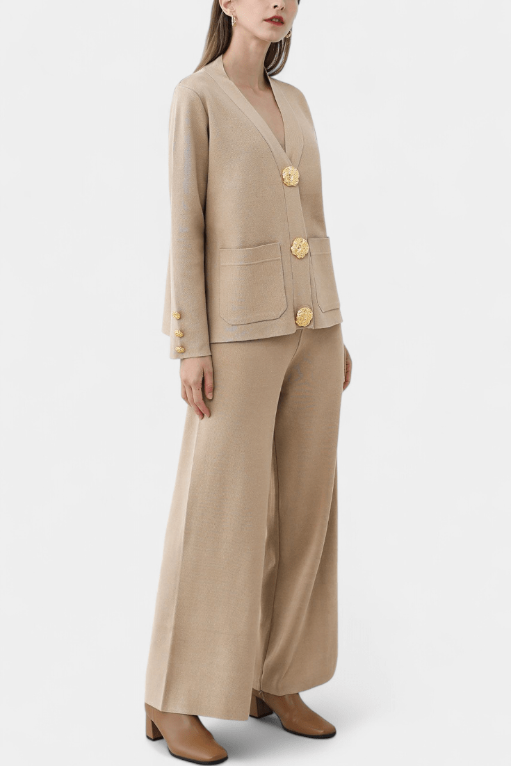 Karen, Buttoned Cardigan & Wide-Leg Trousers Set