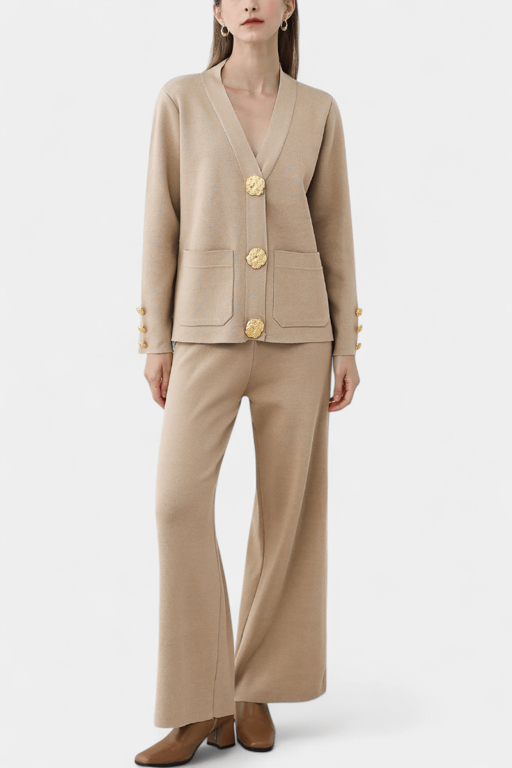 Karen, Buttoned Cardigan & Wide-Leg Trousers Set