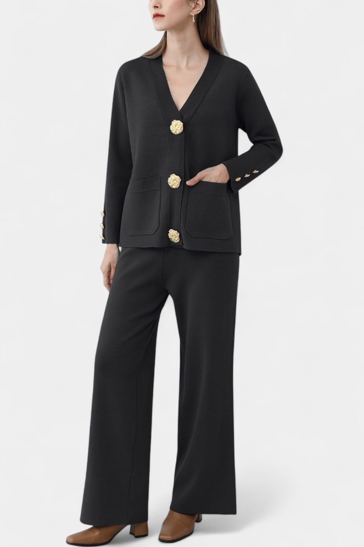 Karen, Buttoned Cardigan & Wide-Leg Trousers Set