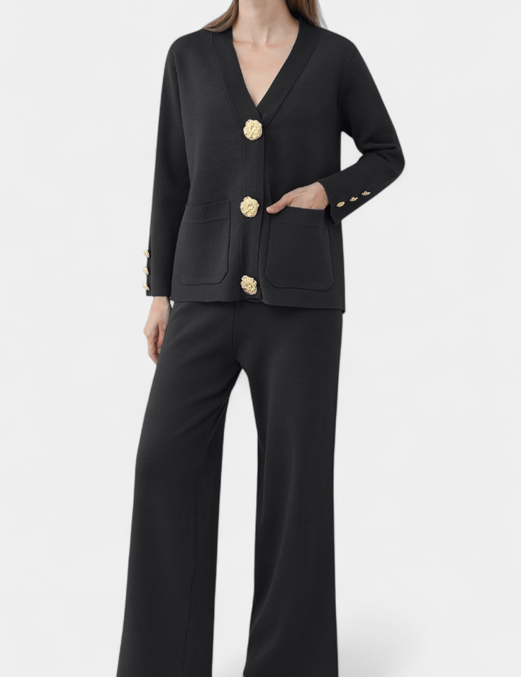 Karen, Buttoned Cardigan & Wide-Leg Trousers Set
