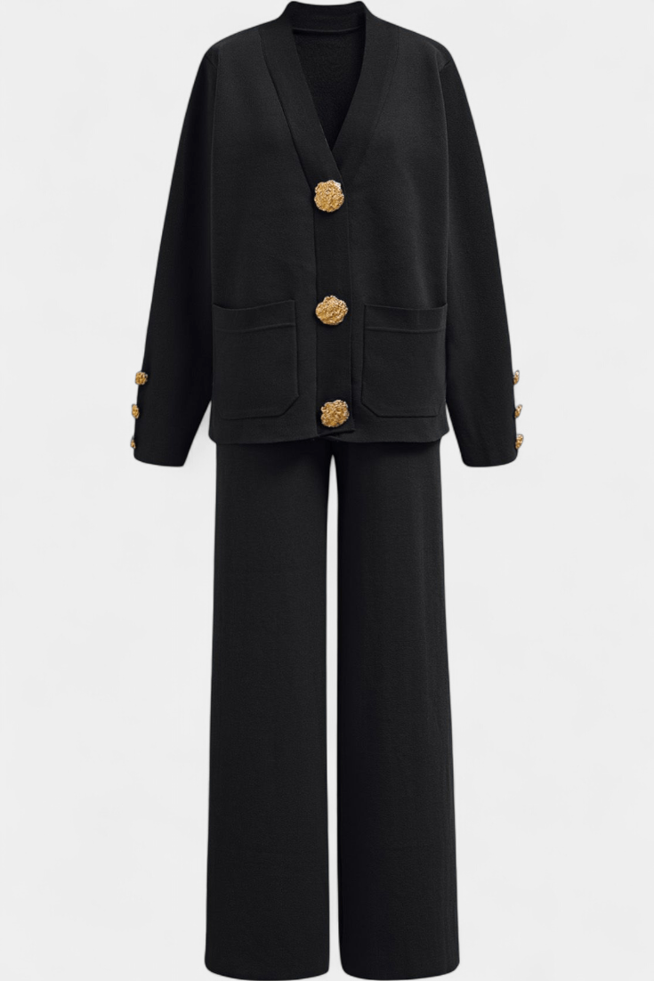 Karen, Buttoned Cardigan & Wide-Leg Trousers Set