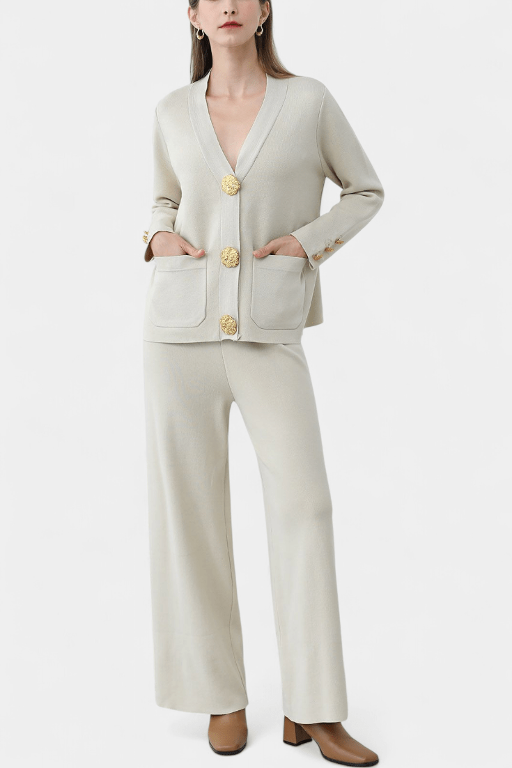 Karen, Buttoned Cardigan & Wide-Leg Trousers Set