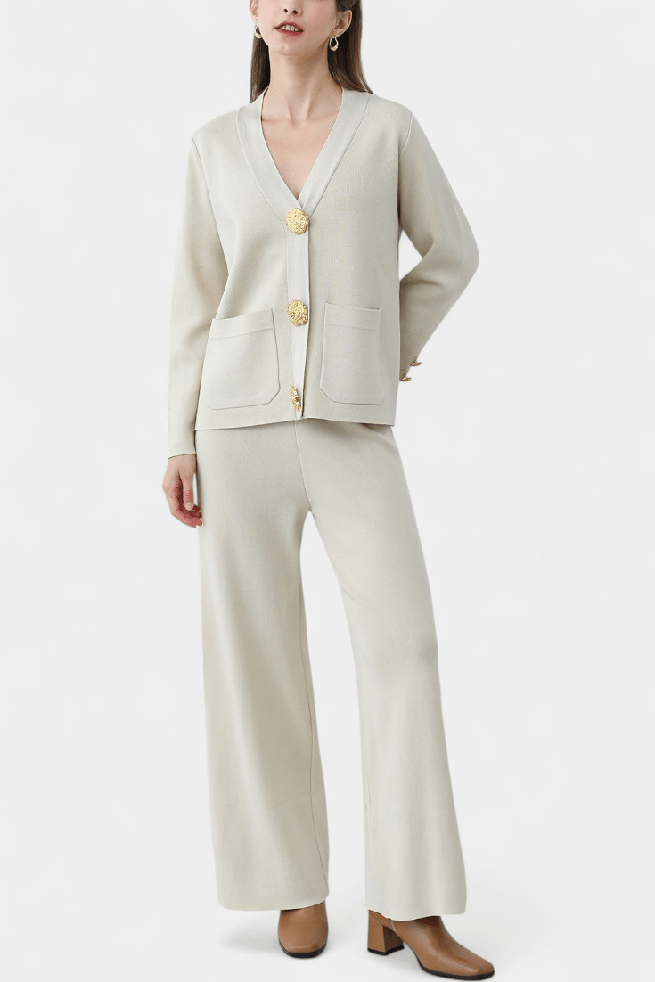 Karen, Buttoned Cardigan & Wide-Leg Trousers Set