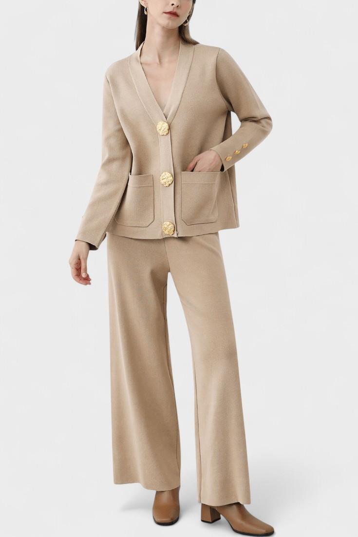 Karen, Buttoned Cardigan & Wide-Leg Trousers Set