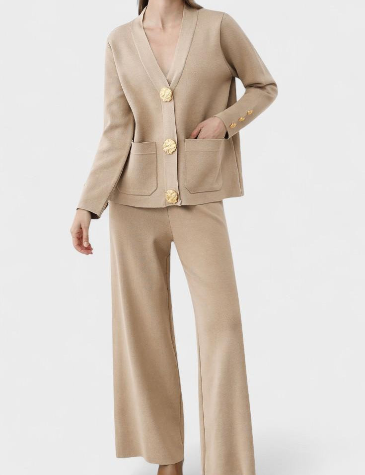 Karen, Buttoned Cardigan & Wide-Leg Trousers Set