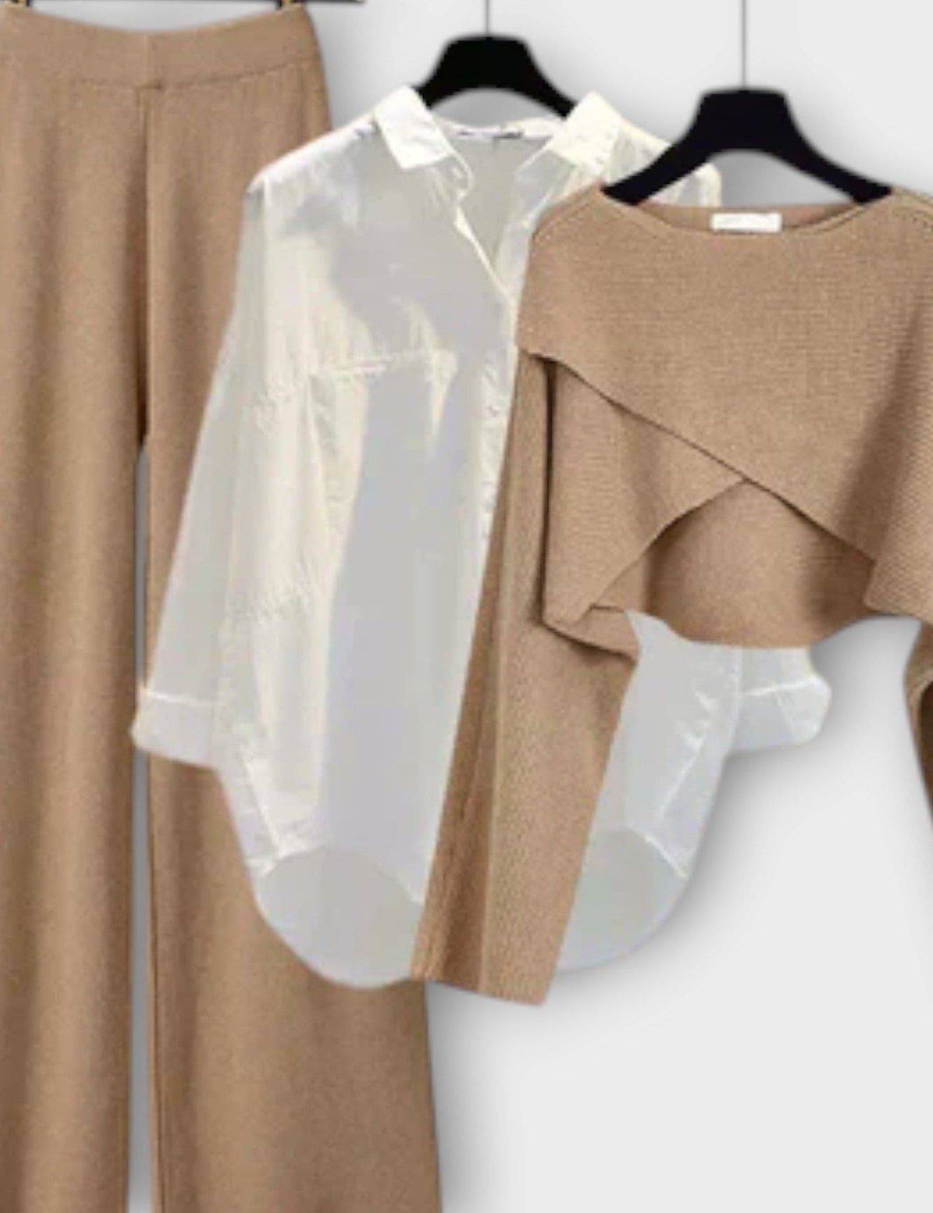 Carla, Three-Piece Shirt, Knitted Top & Trousers Set