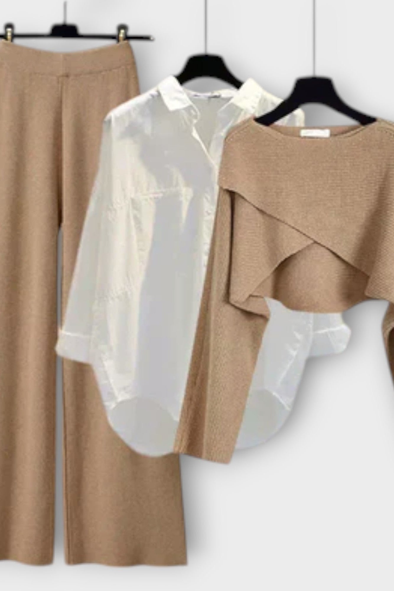Carla, Three-Piece Shirt, Knitted Top & Trousers Set