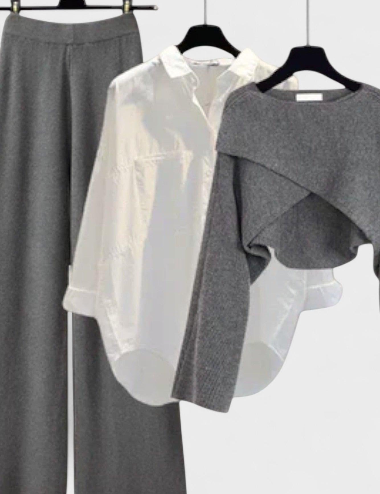 Carla, Three-Piece Shirt, Knitted Top & Trousers Set