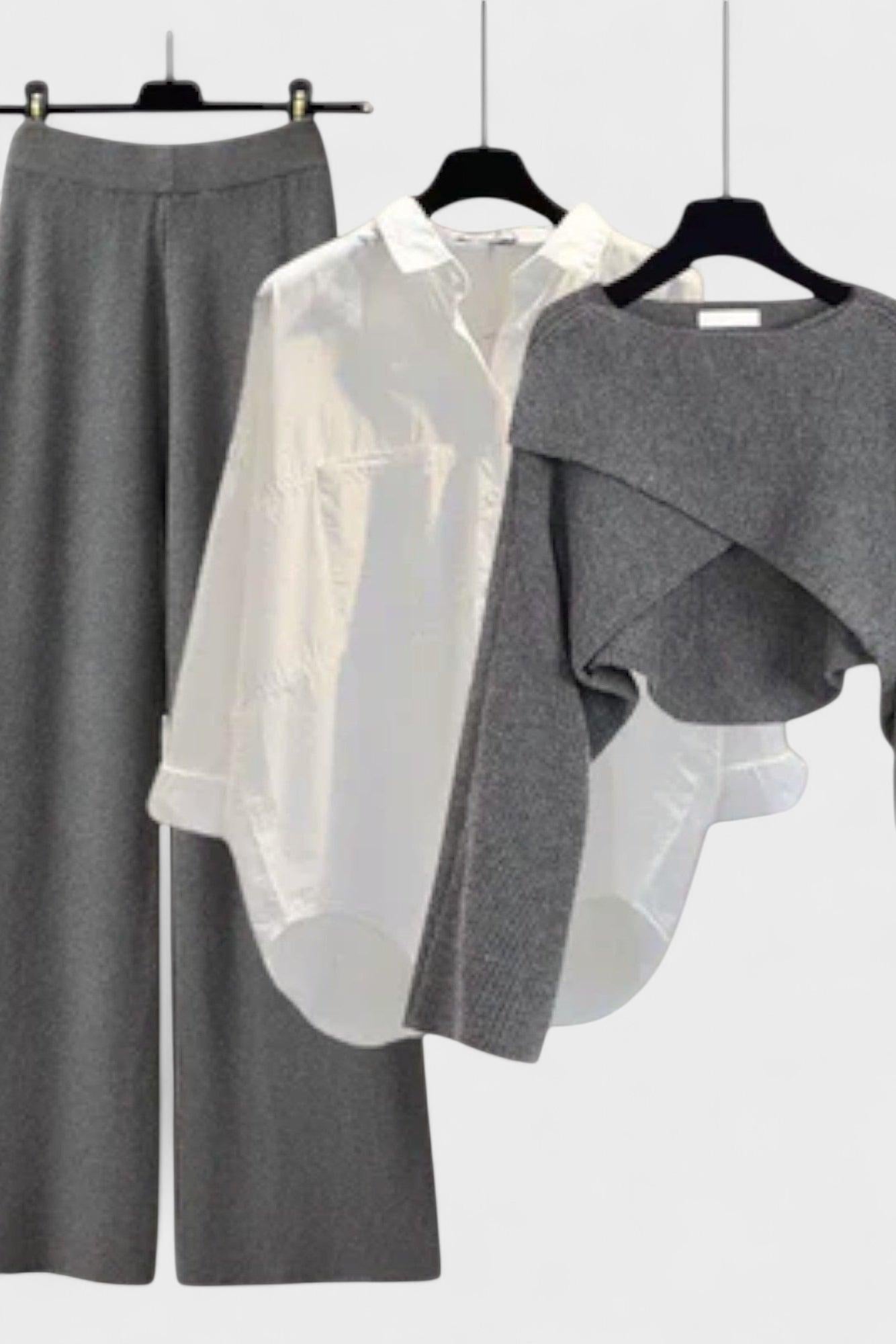 Carla, Three-Piece Shirt, Knitted Top & Trousers Set