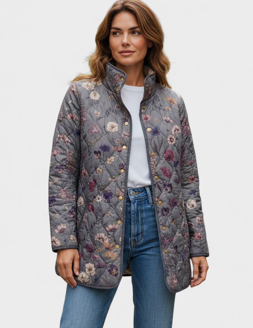 Lettice Grey Quilted Jacket with Floral Pattern
