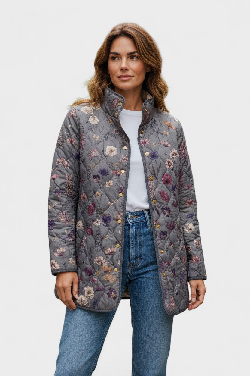 Lettice Grey Quilted Jacket with Floral Pattern