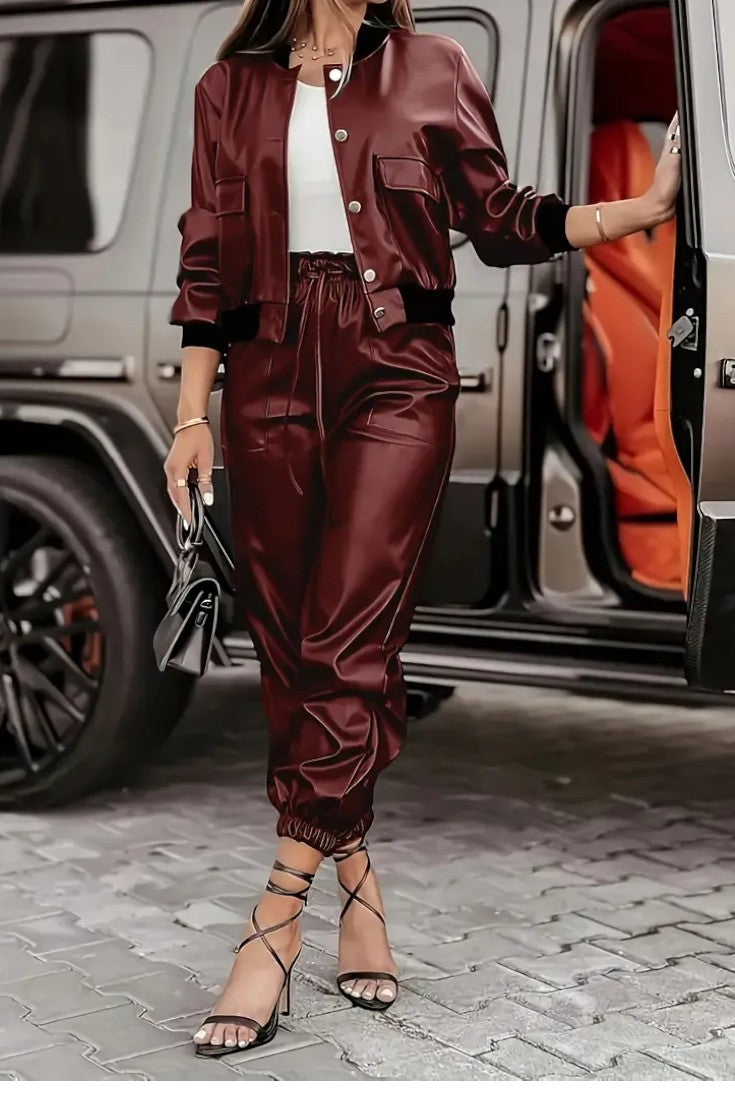 Lucy, Faux Leather Jacket & Trousers Set