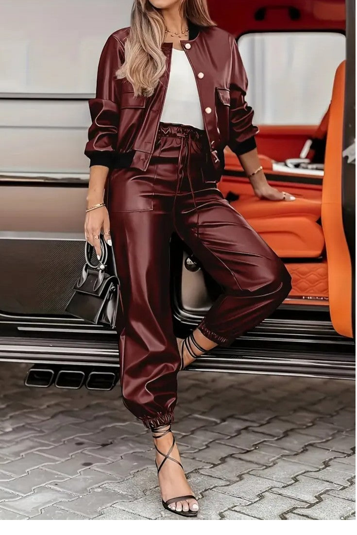 Lucy, Faux Leather Jacket & Trousers Set