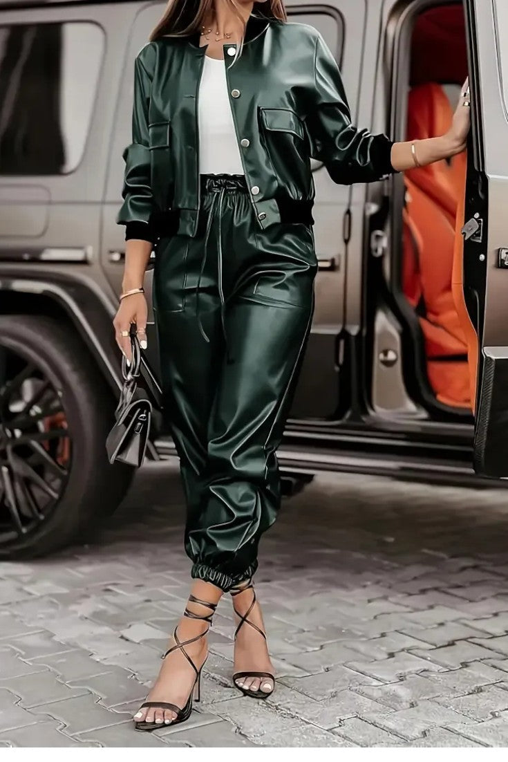 Lucy, Faux Leather Jacket & Trousers Set
