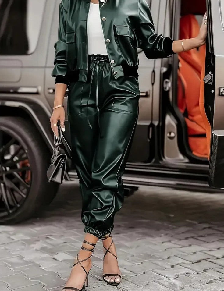 Lucy, Faux Leather Jacket & Trousers Set