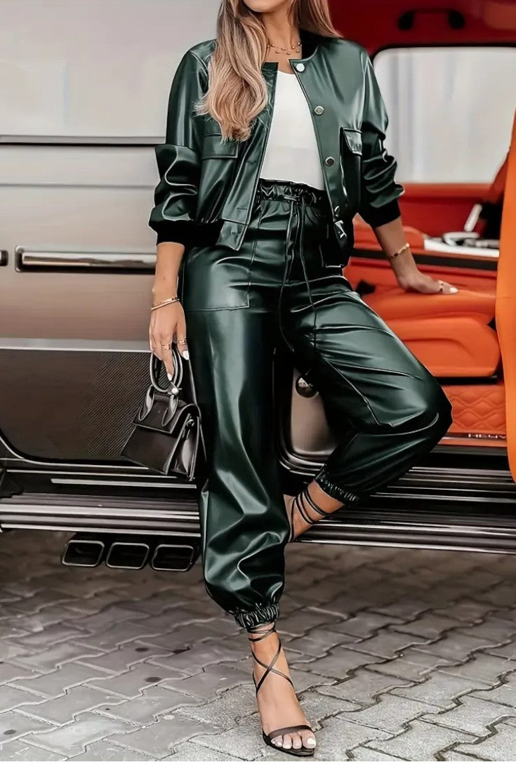 Lucy, Faux Leather Jacket & Trousers Set