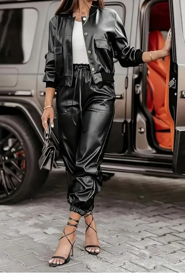 Lucy, Faux Leather Jacket & Trousers Set