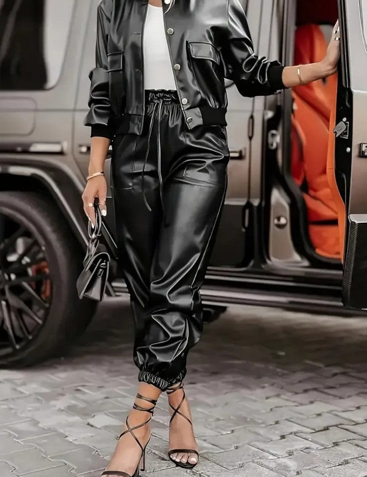 Lucy, Faux Leather Jacket & Trousers Set
