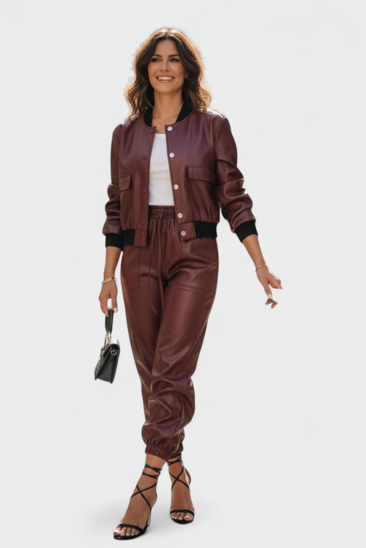 Lucy, Faux Leather Jacket & Trousers Set