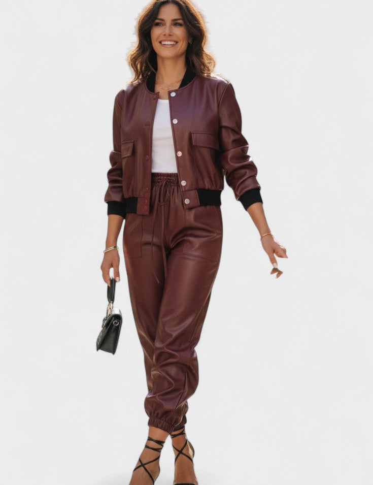 Lucy, Faux Leather Jacket & Trousers Set