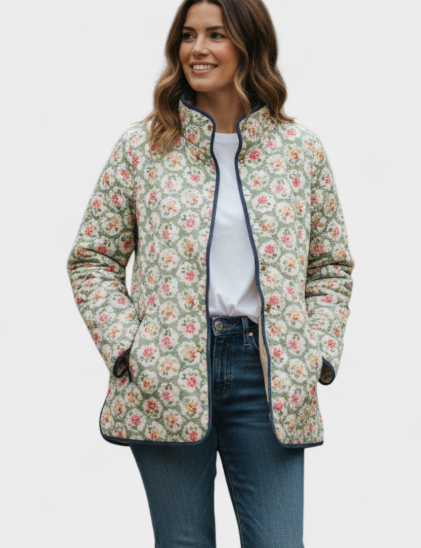 Marnie Mint Green Quilted Jacket with Fine Rose Pattern